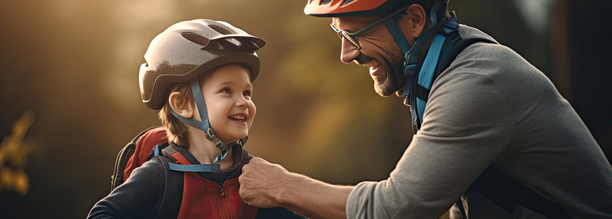Vader met fietshelm op helpt zijn zoon om de fietshelm vast te maken