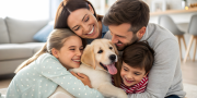 Woongenot; vrolijk gezin met hond wat elkaar knuffelt in een huis