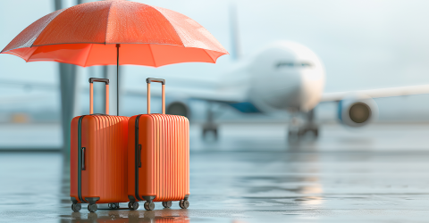 Twee oranje koffers met een paraplu erboven op een vliegveld met op de achtergrond een vliegtuig