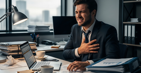 Gestreste man in pak op kantoor achter zijn bureau heeft mogelijk een hartaanval enpijn op zijn borst en legt zijn hand erop 